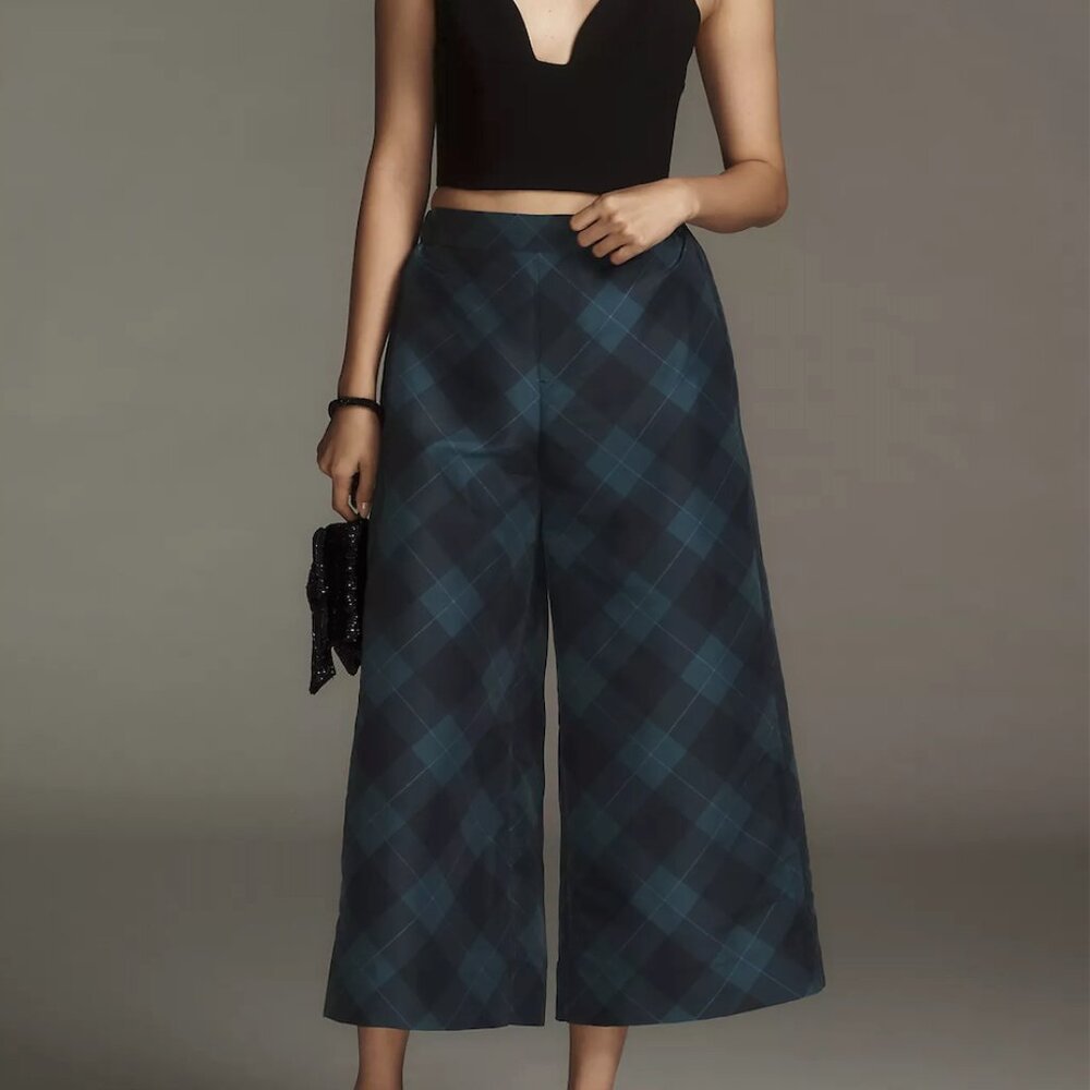 Maeve Anthropologie Navy Teal Plaid Wide Leg Pants Size L NWT 4138